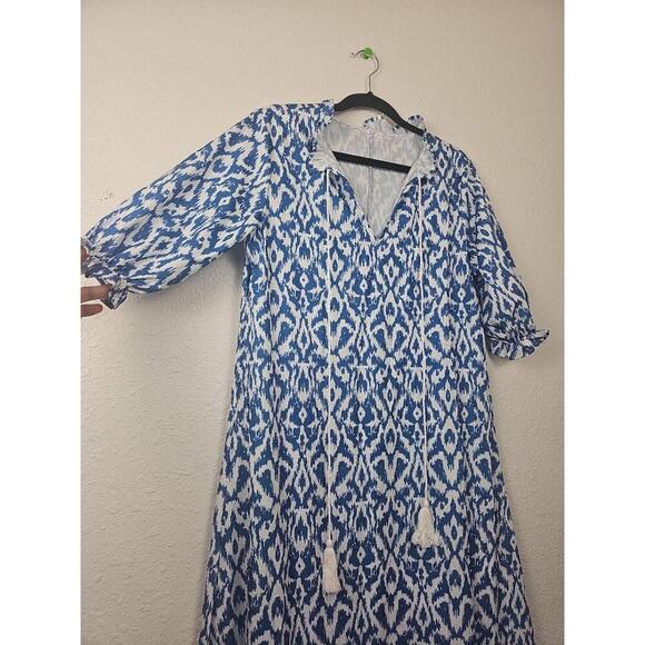 NWT Boho Blue Graphic Print Maxi Dress Patterned Self-Tie Ruffle Hem - Picture 2 of 5